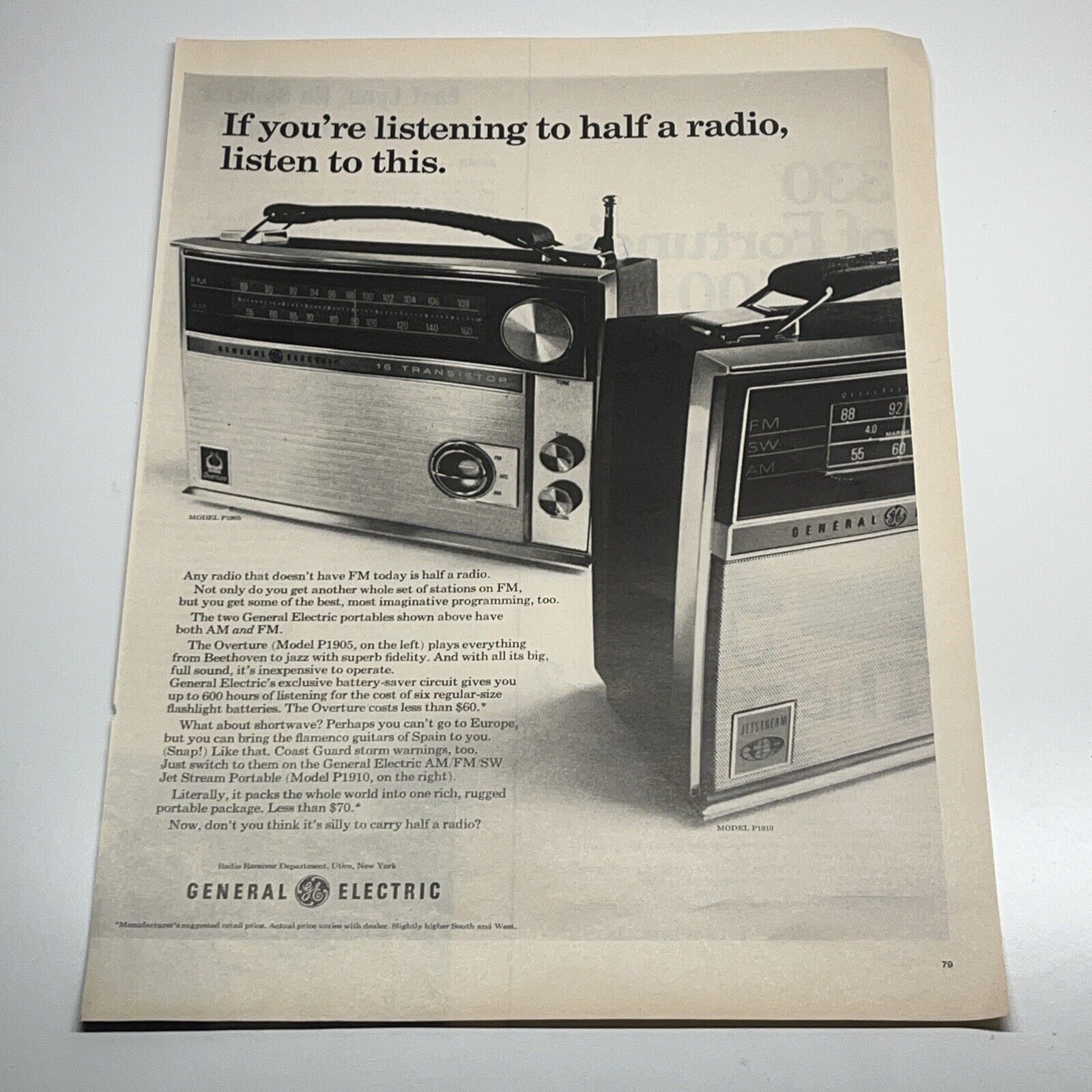 General Electric Overture Jetstream Radio 1965 Vintage Print Ad Life Magazine