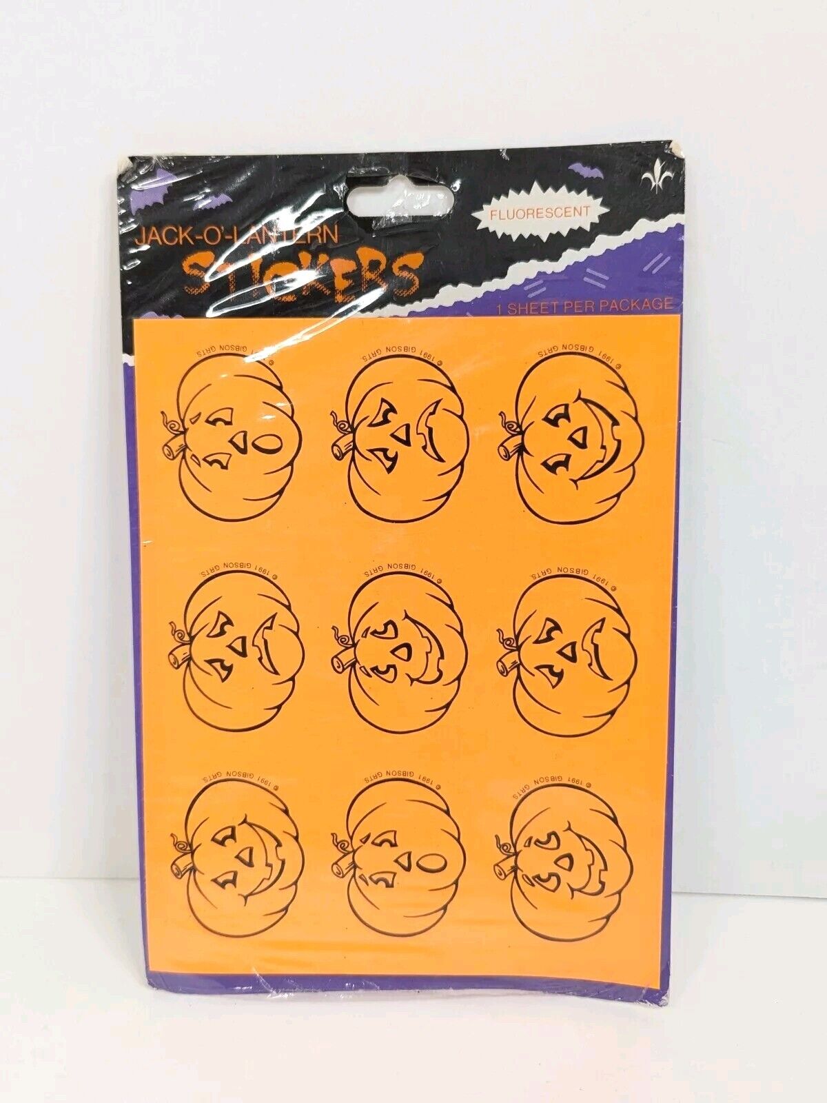 1991 Gibson Halloween Sticker Sheet Jack-O-Lantern 9 Stickers Fluorescent New