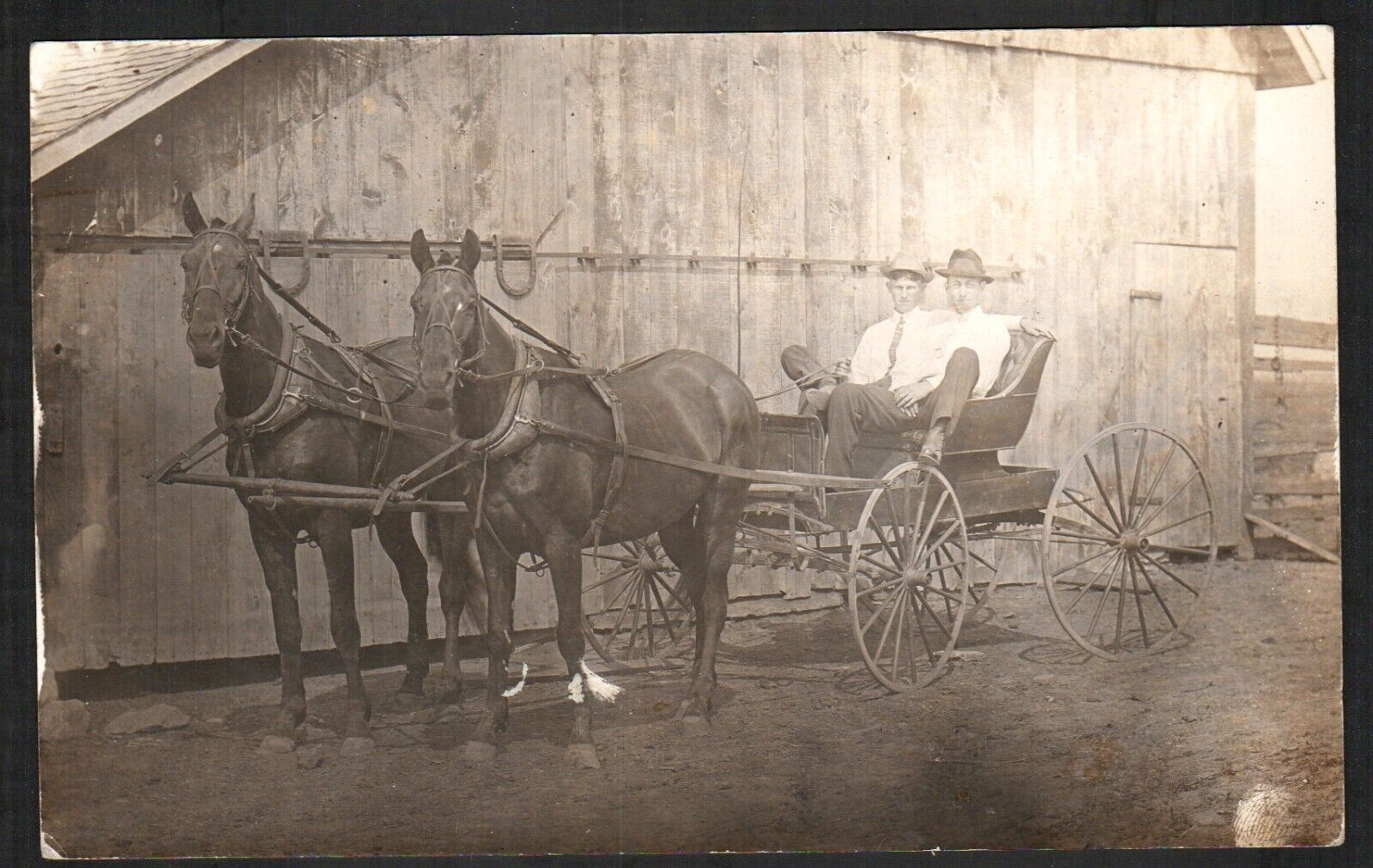 RPPC Real Photo Horse&Buggy Young Men Hats & Tie early 1908 Carriage Buckboard