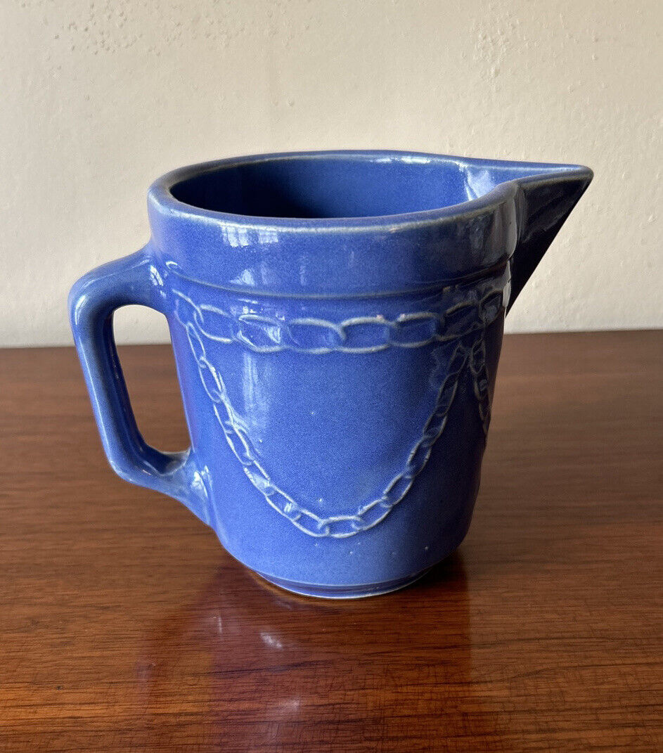 Vintage Blue Monmouth Western Stoneware Milk Pitcher Chain Link Pattern; 5”x4.5”