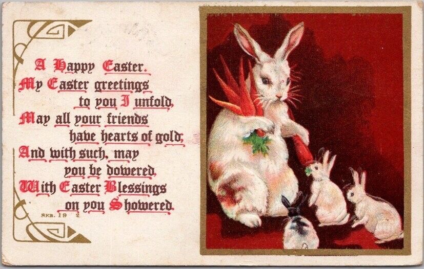 Vintage 1910s EASTER Postcard White Rabbit Mama w/ Baby Bunnies / Carrots