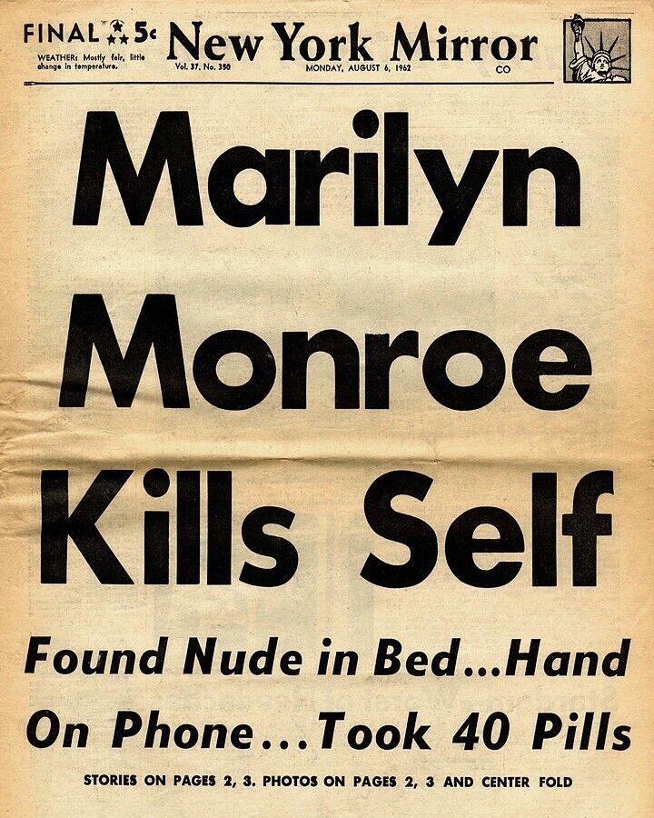 Marilyn Monroe Newspaper Report of Her Death - Photo Print 8 x 10 inches