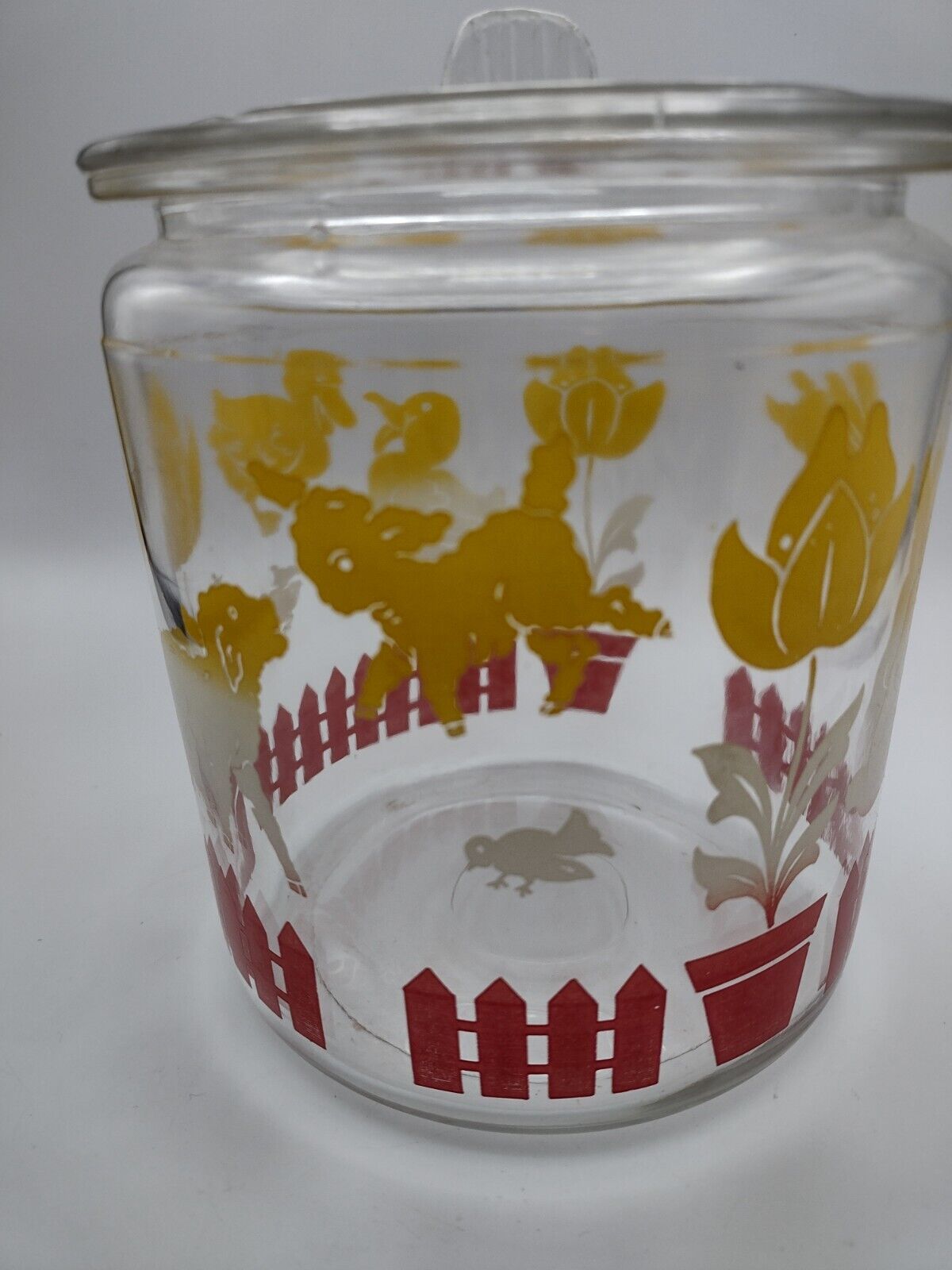 Vintage 1950\'s Anchor Hocking Glass Cookie  Cracker Jar Bunny Lamb Duck Tulip