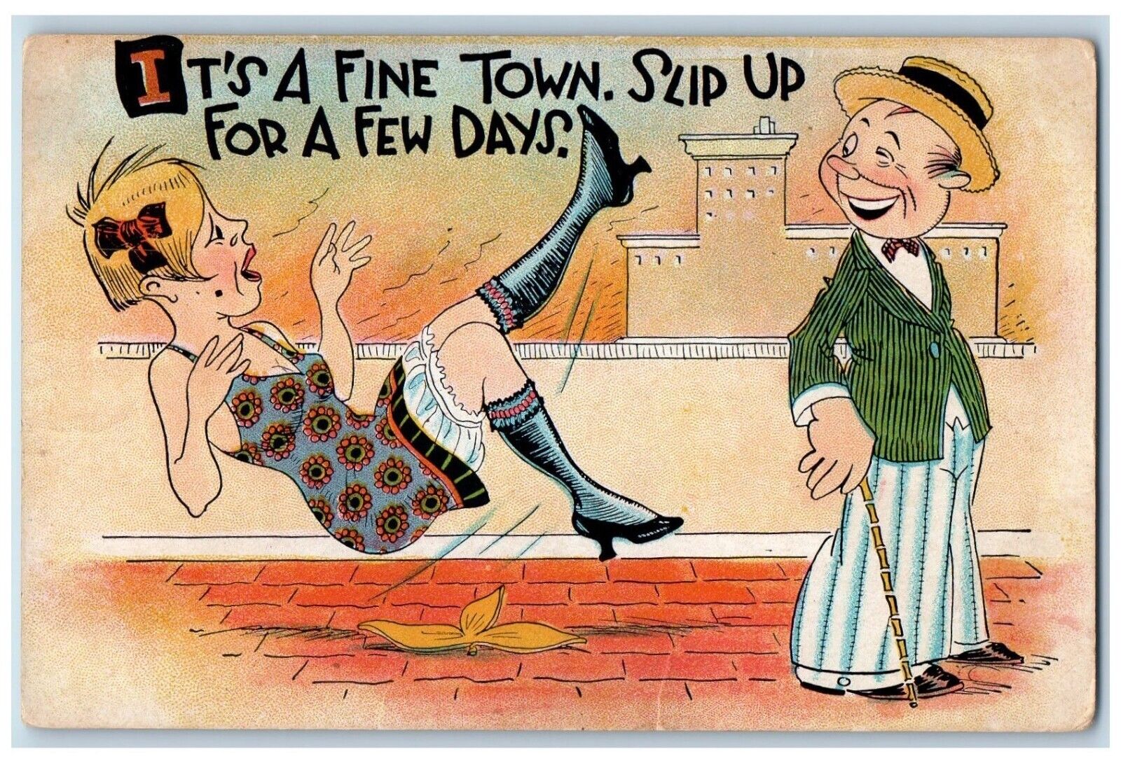 c1930\'s Fine Town Slip Up For Few Days Girl Fell Humor Funny Vintage Postcard