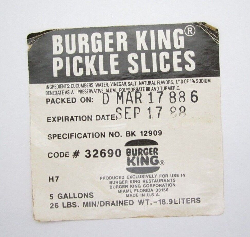 1988 Vintage Burger King Pickle Slices 5 Gallon Paper Lapel 