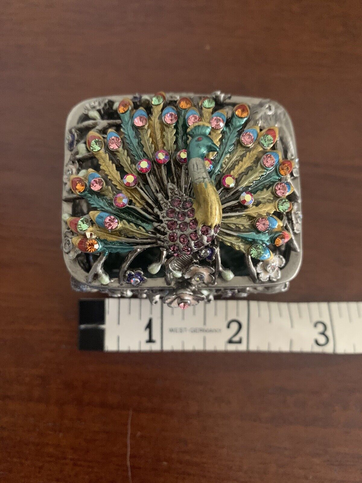 Bejeweled Mini PEACOCK Metal Trinket Box Sparkling Colorful Crystals