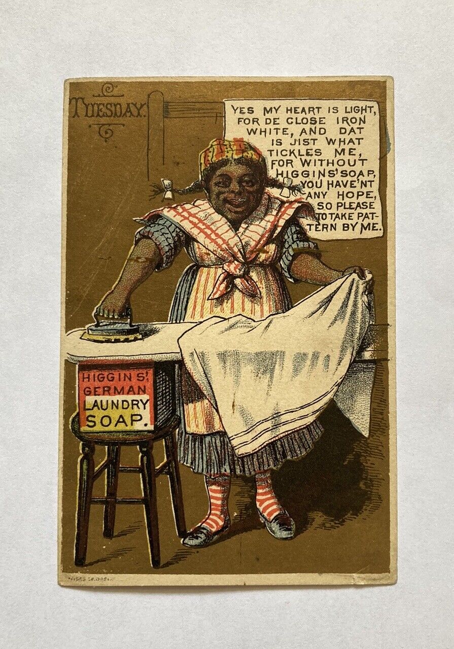 Higgins German Laundry Soap Tuesday Victorian Trade Card Woman Ironing Clothes