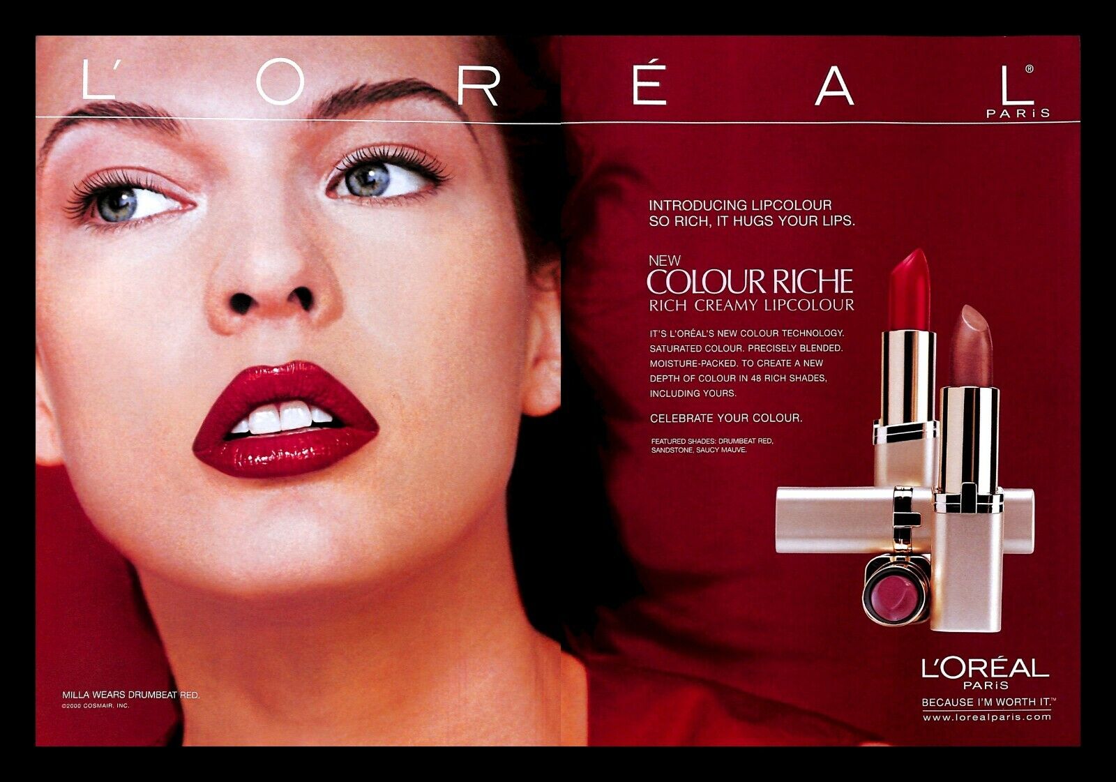 2000 L'Oreal Red Color Lipstick Cosmetic Vintage PRINT AD Milla Jovovich Beauty
