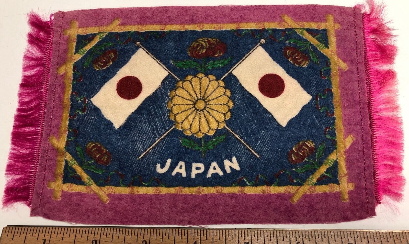 Vintage c1910s JAPAN Crest Fringes Tobacco Flag Felt Rug