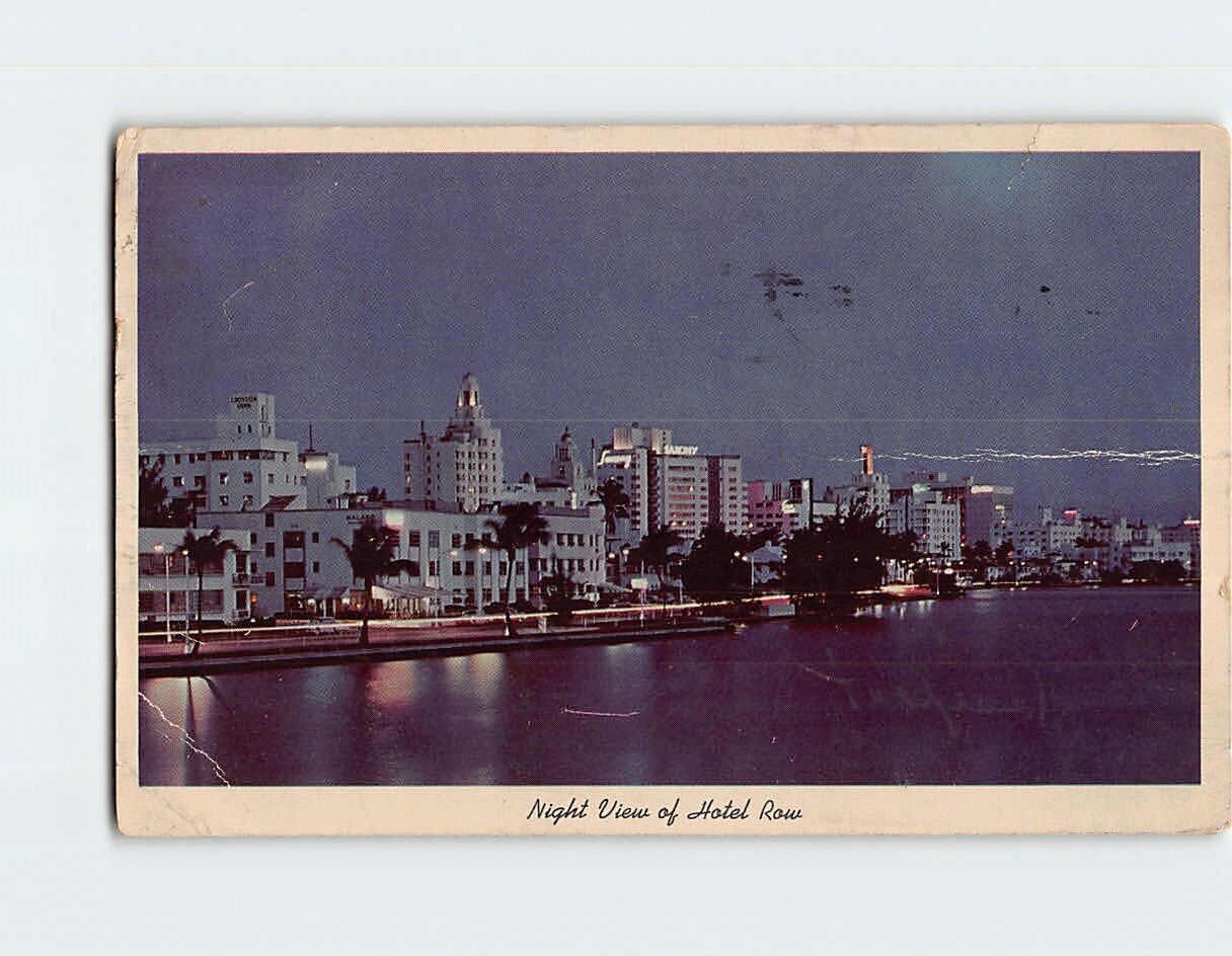 Postcard Night View of Hotel Row and Indiana Creek Miami Beach Florida USA