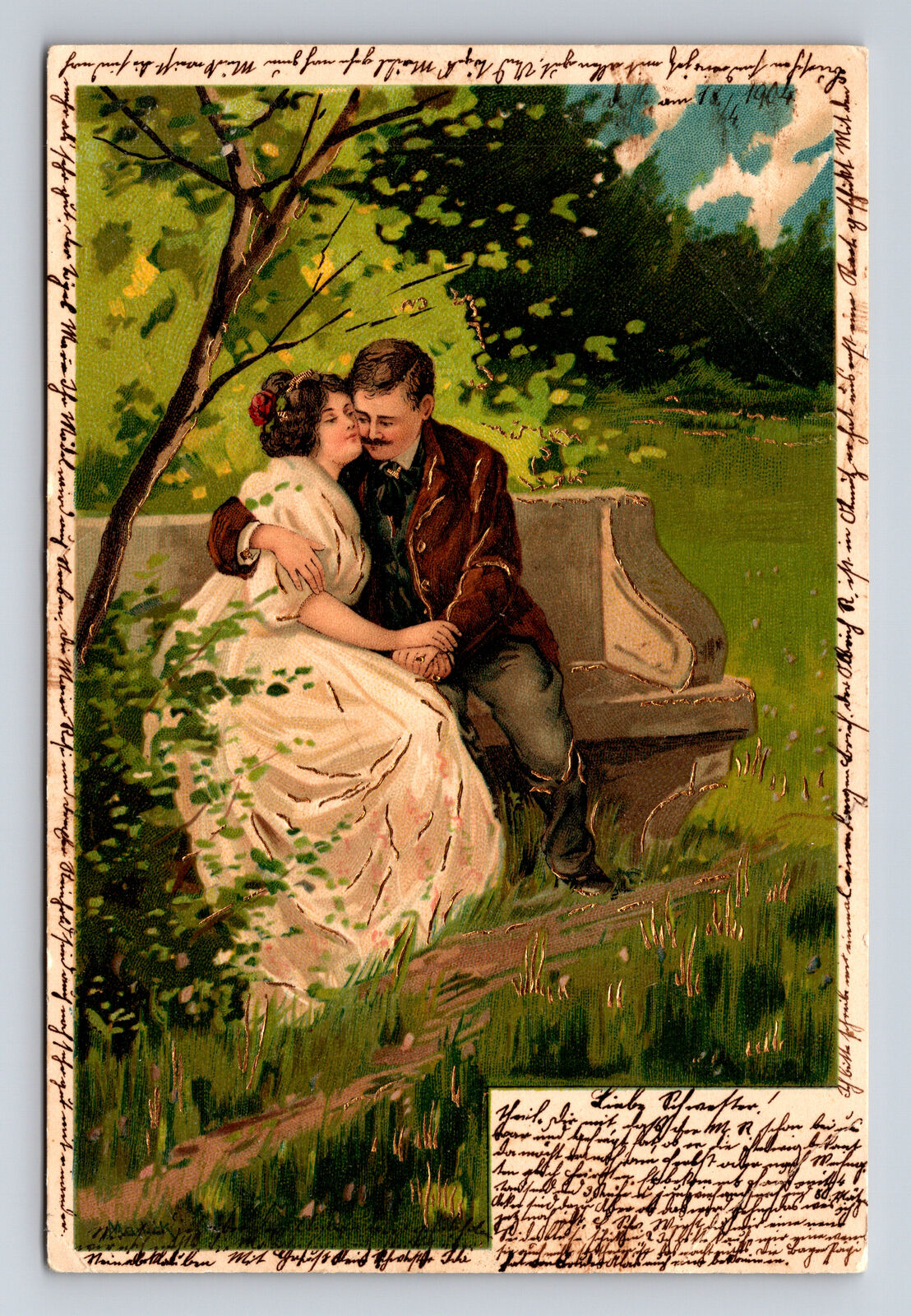 c1904 Romantic German Art Portrait of Man & Woman Love Gold Accents Postcard