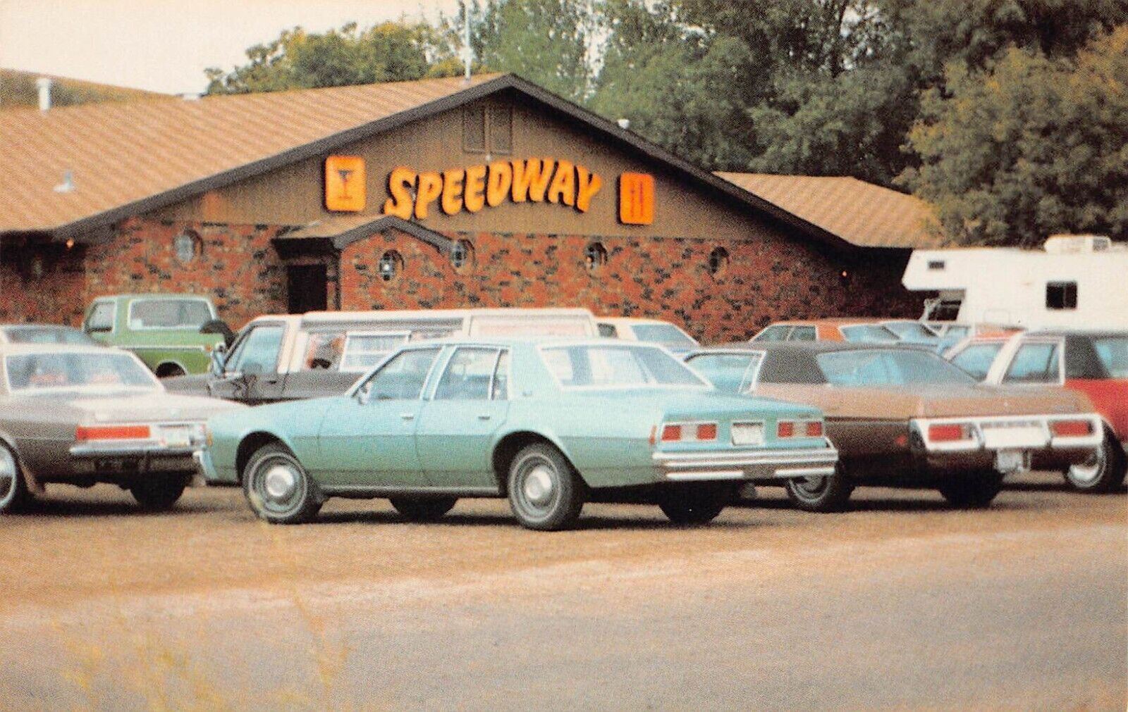 Minot ND Speedway Restaurant Roadhouse 1978 Chevy Impala Closed Vtg Postcard C12