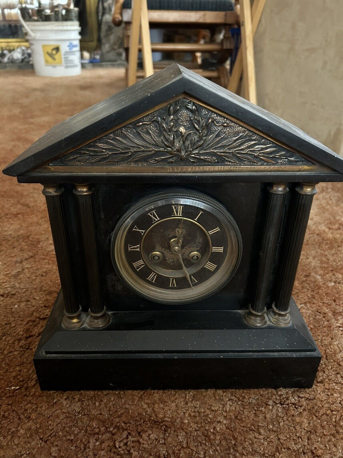 Antique Black Slate Mantel Clock Japy Freres English Movement With Key