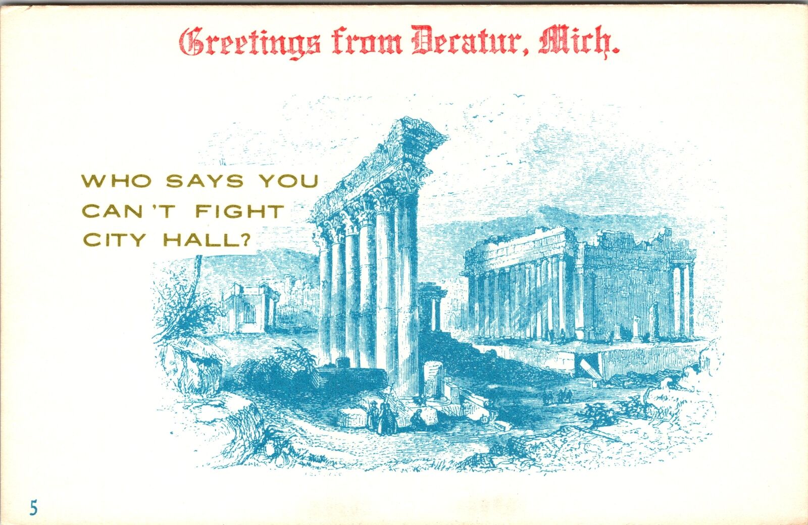 Decatur MI-Michigan, Greetings, Fight City Hall Vintage Souvenir Postcard