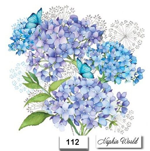 (112) TWO Paper LUNCHEON Decoupage Art Craft Napkins - HYDRANGEA FLOWERS BLUE