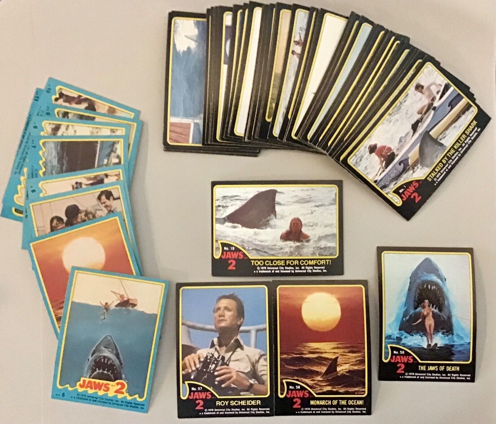 1978 Topps “JAWS 2” Near-Complete Trading Card Set 57/59 and 9/11 Stickers NICE