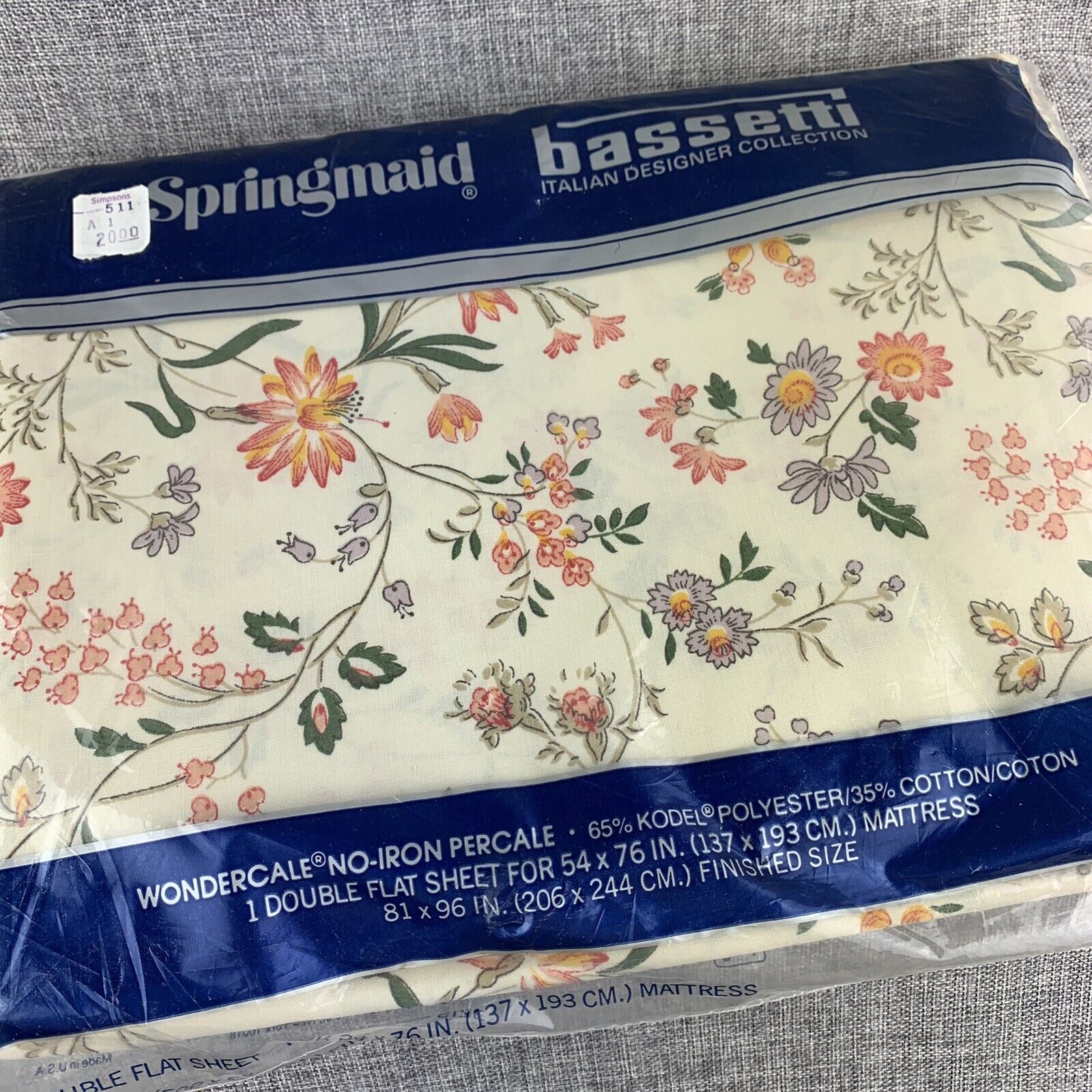 Springmaid Bassetti Italian Double Flat Sheet Capri Floral Percale Vintage NOS