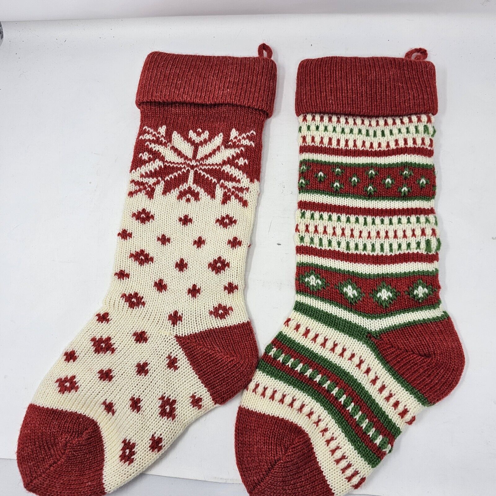 Vtg Nordic Christmas Stockings Wool Blend Set Of 2 Snowflake Red Green 15\