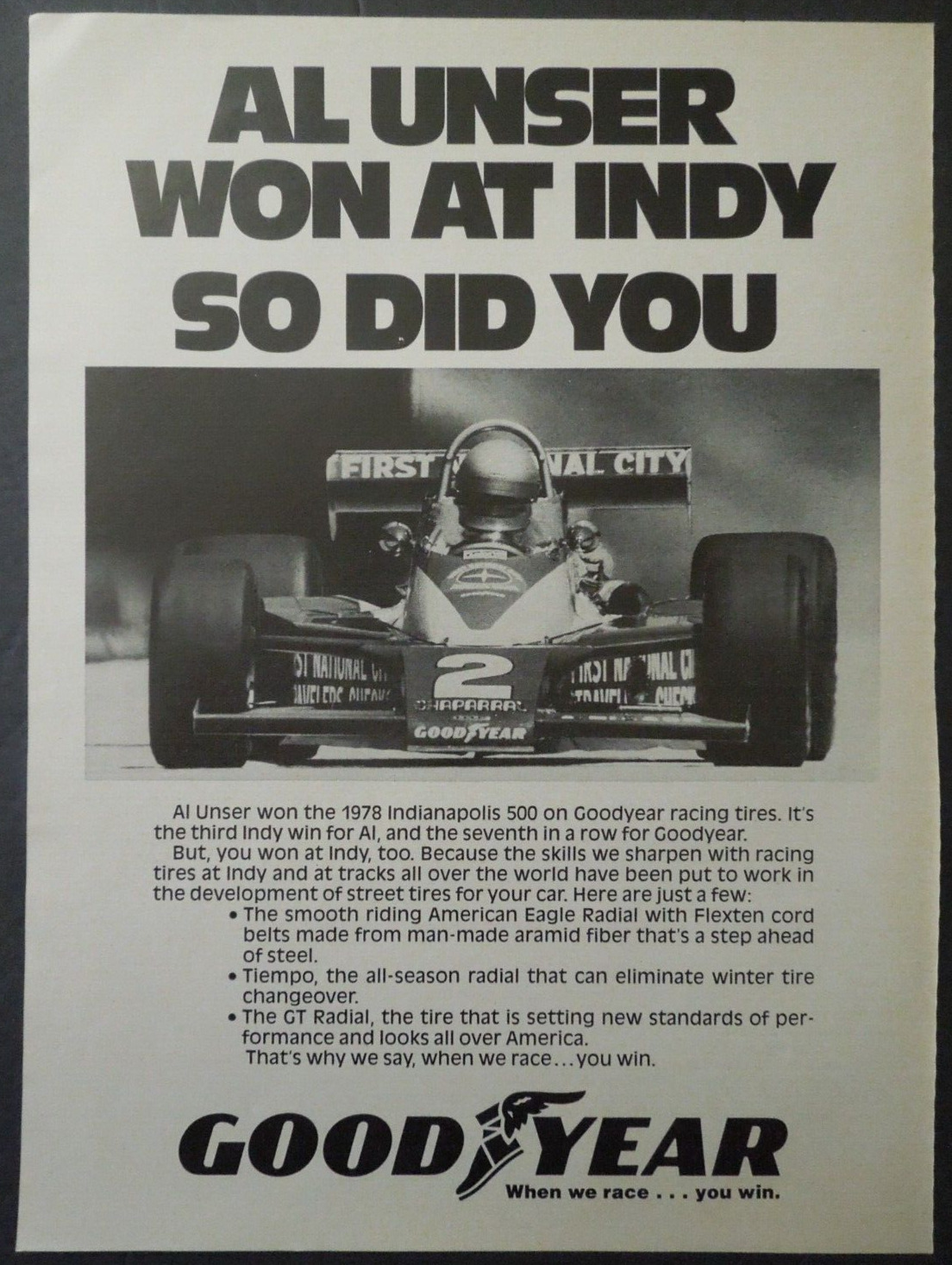 1978 GOODYEAR Tires Magazine Ad - AL UNSER Won At Indy So Did You.