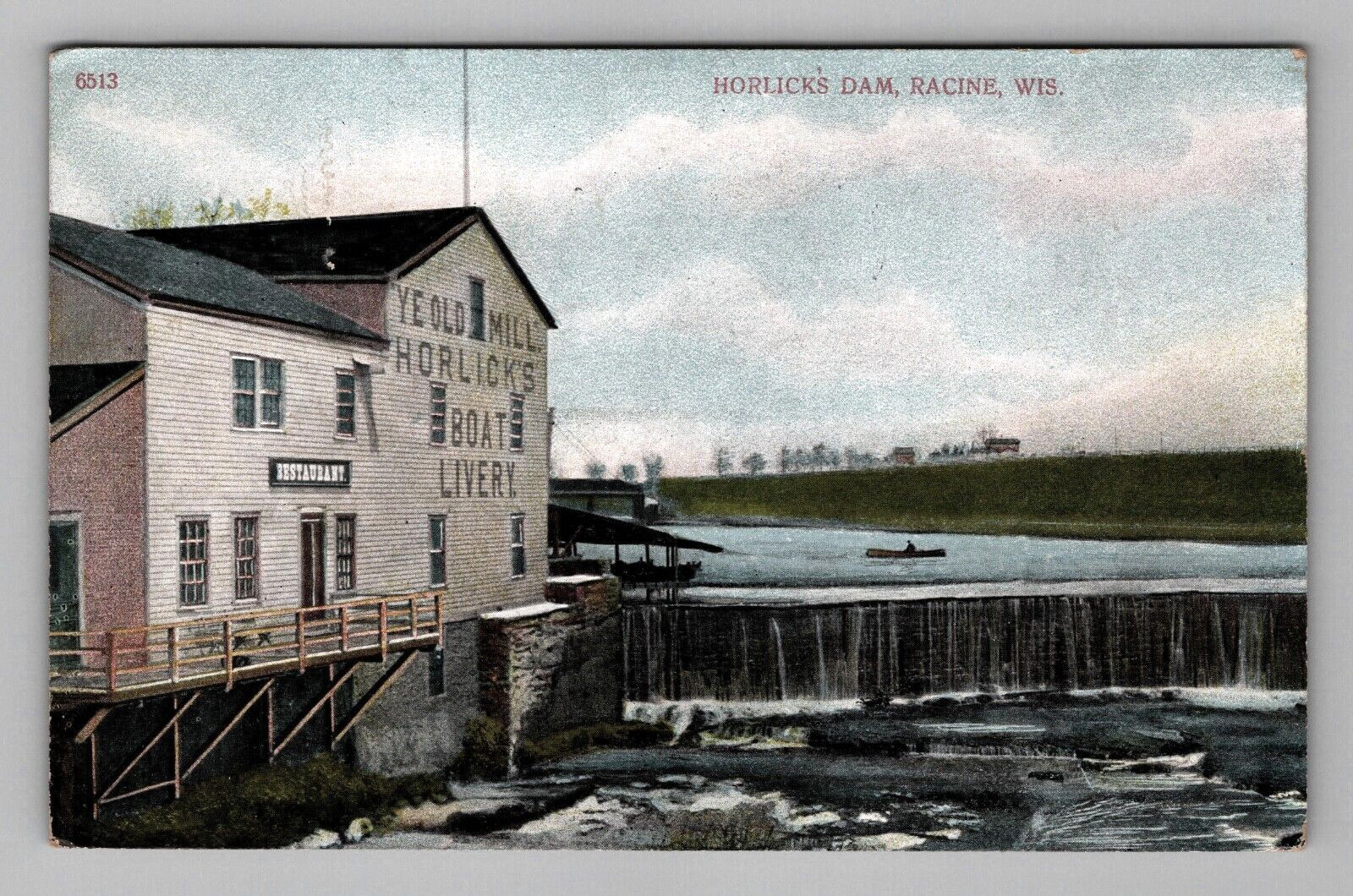 Postcard 1909 WI Horlicks Dam Boat Livery Restaurant View Racine Wisconsin