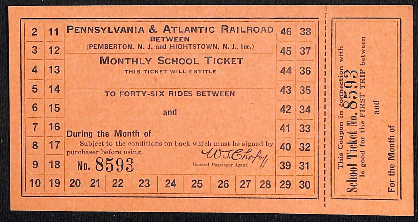 Pennsylvania & Atlantic Railroad Unused 46 Ride School Ticket #8593