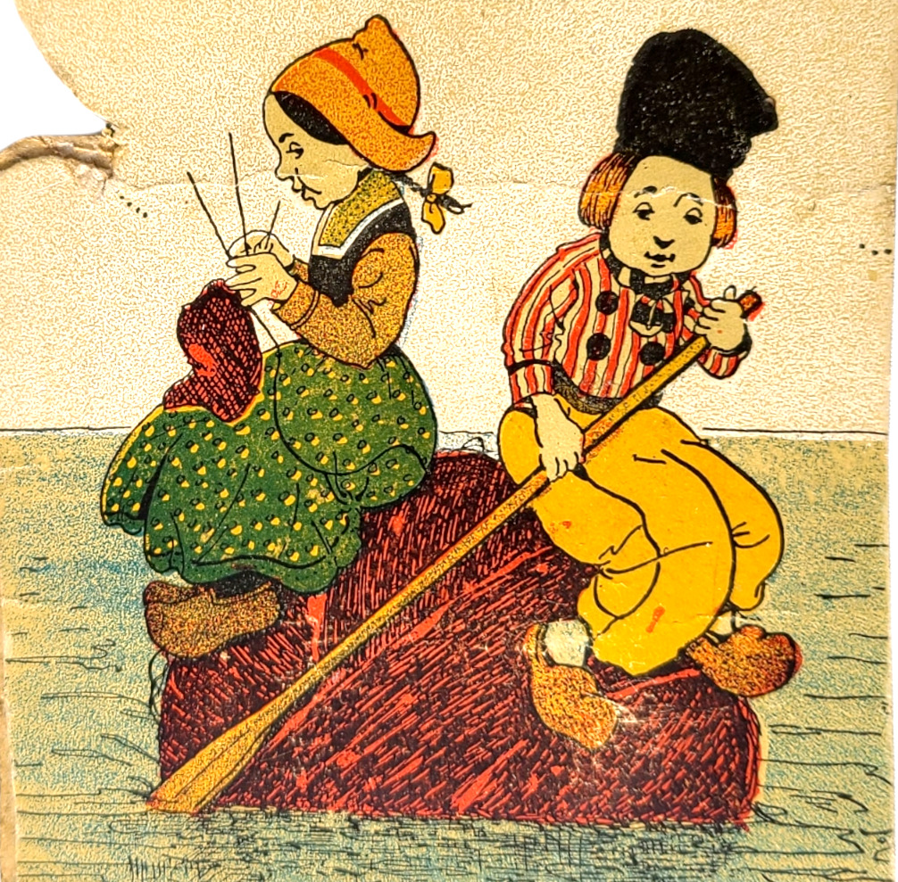 Amazing Vintage Knitting Card- Woman KNITTING on YARN BOAT Ball of Yarn in Sea 