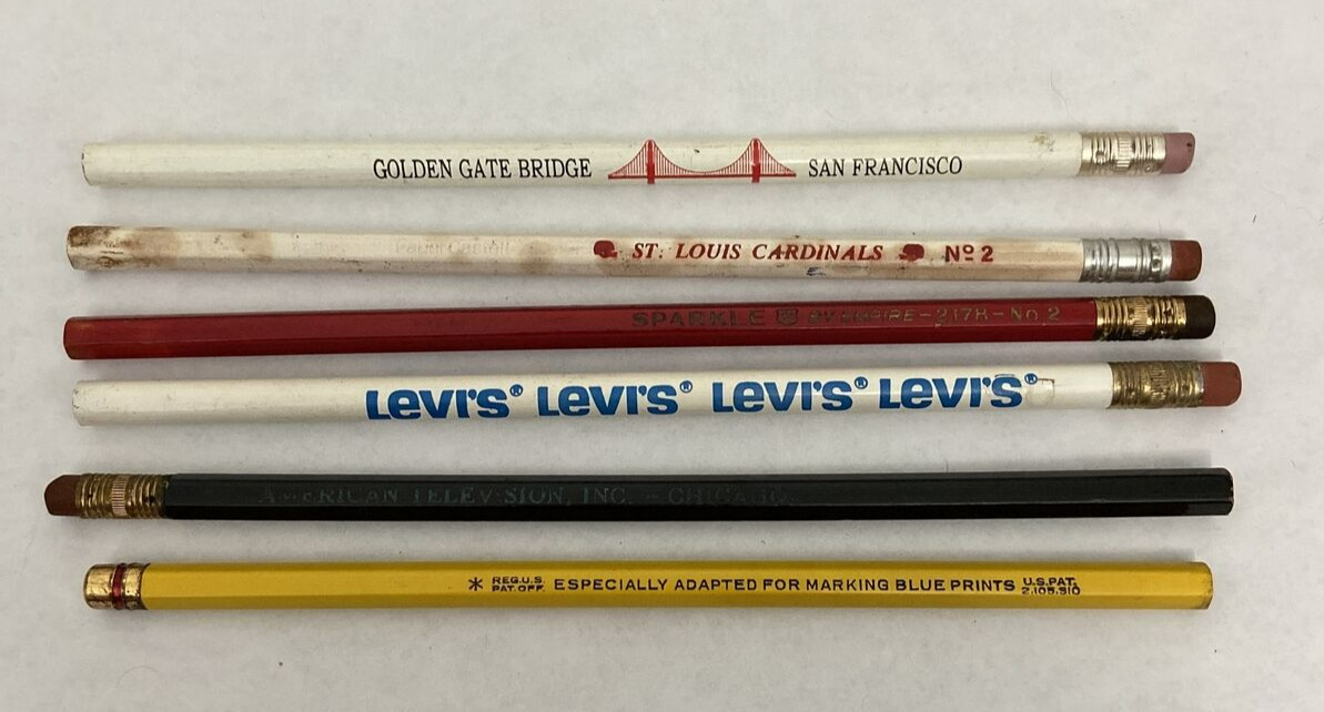 6 VTG Unused Wood Pencils Levi\'s, Golden Gate, St. Louis Cardinals Football +
