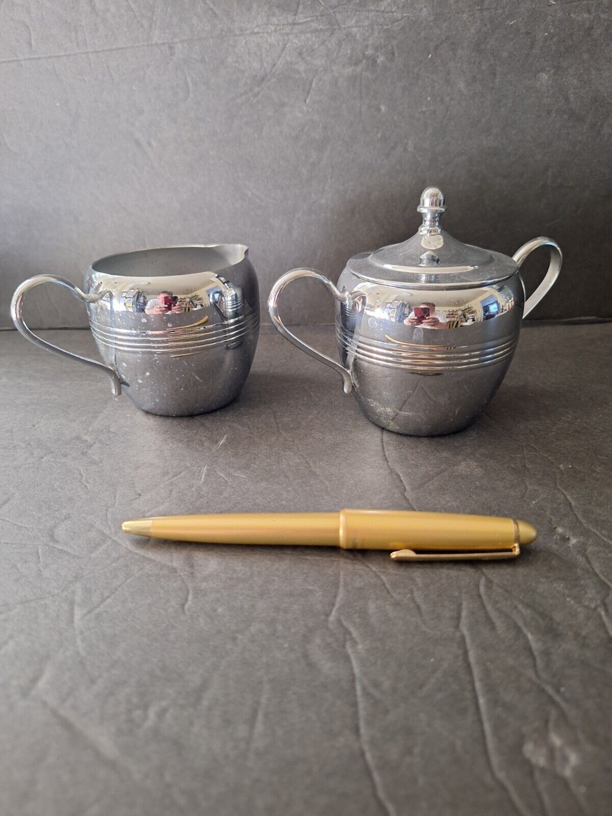 Art Deco Chrome Creamer and Sugar Bowl With Lid 1930s