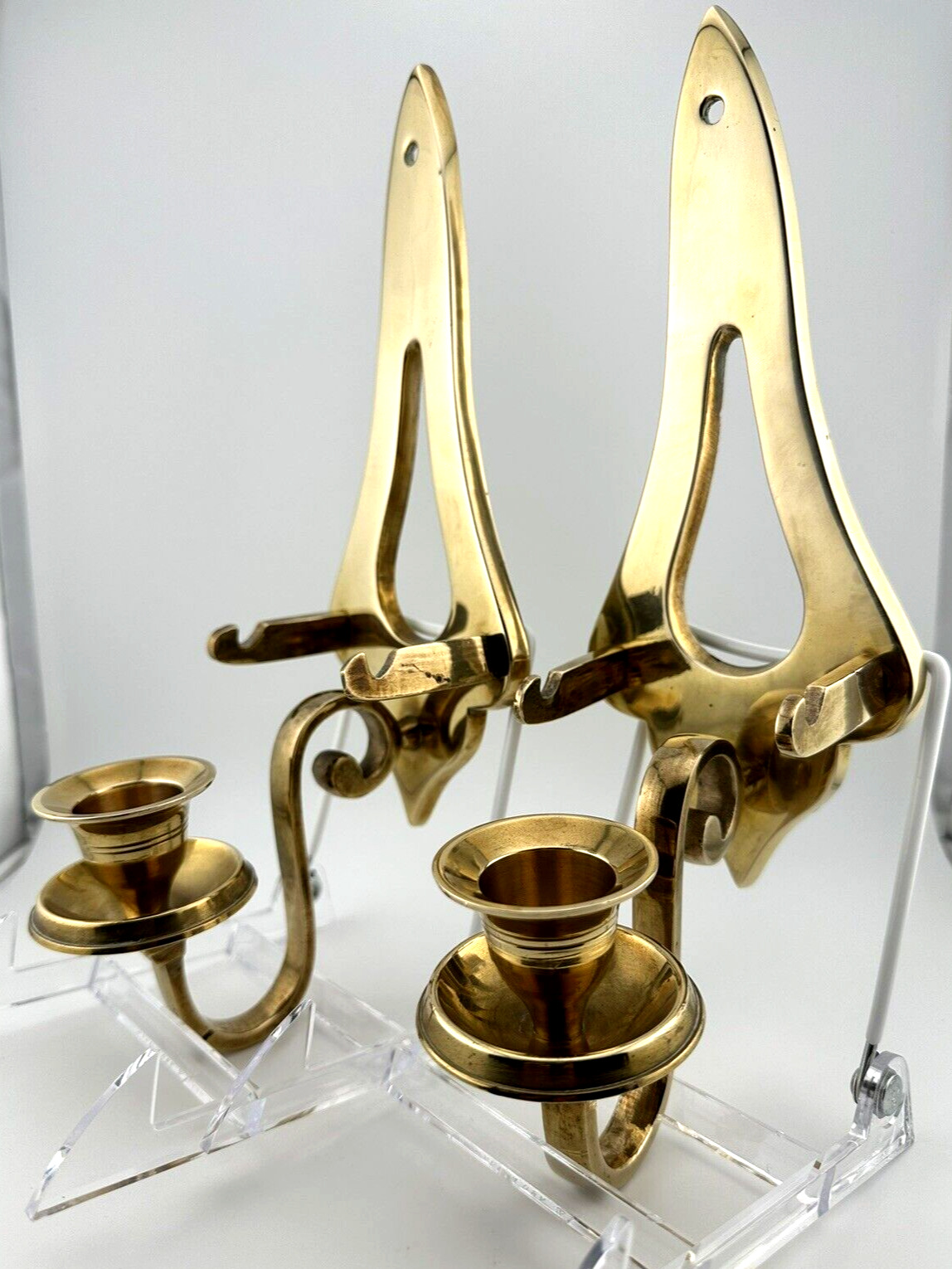 Pair Vintage Mid Century Solid Brass Wall Sconces Candle Holder Rustic Colonial