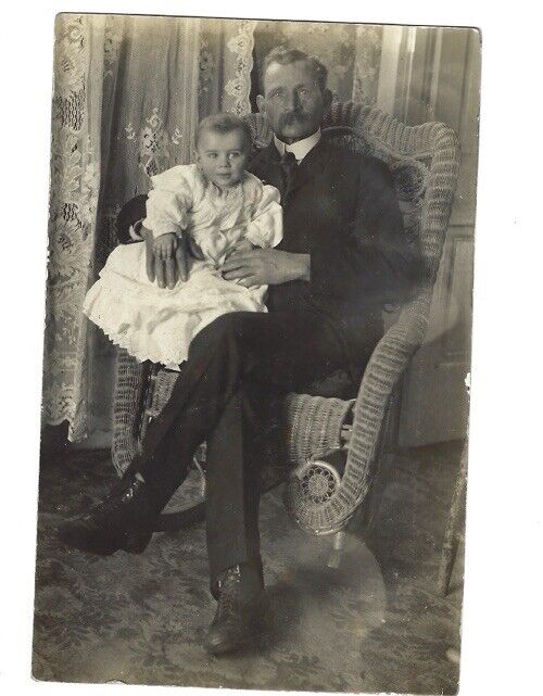 c1900s Dapper Mustache Man Gentleman W/ Baby Sitting Chair RPPC Postcard