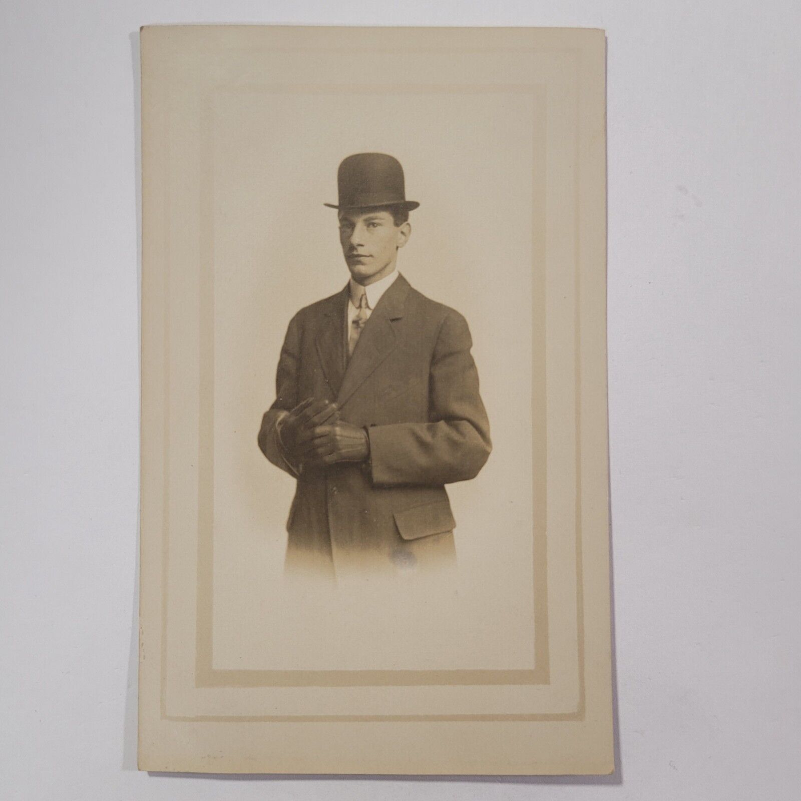Young Man Portrait Bowler Hat Clothing Gloves Style RPPC Postcard c1906