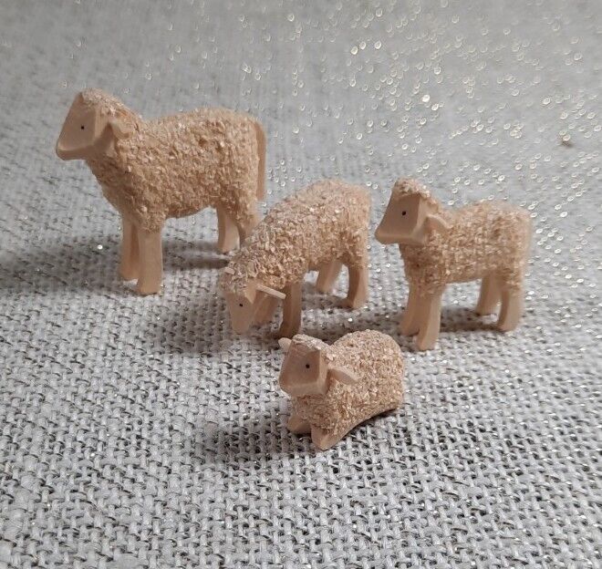 Wooden Sheep German Set of 4 Hand Carved Figurines Miniature 