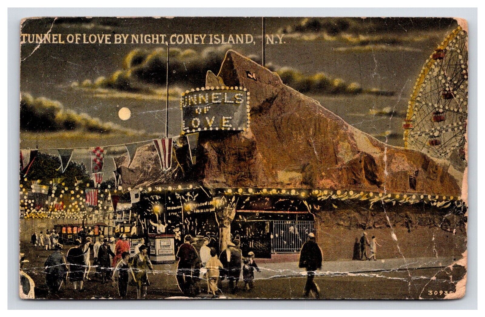 Postcard: NY 1933 Tunnel Of Love By Night, Coney Island, New York - Posted