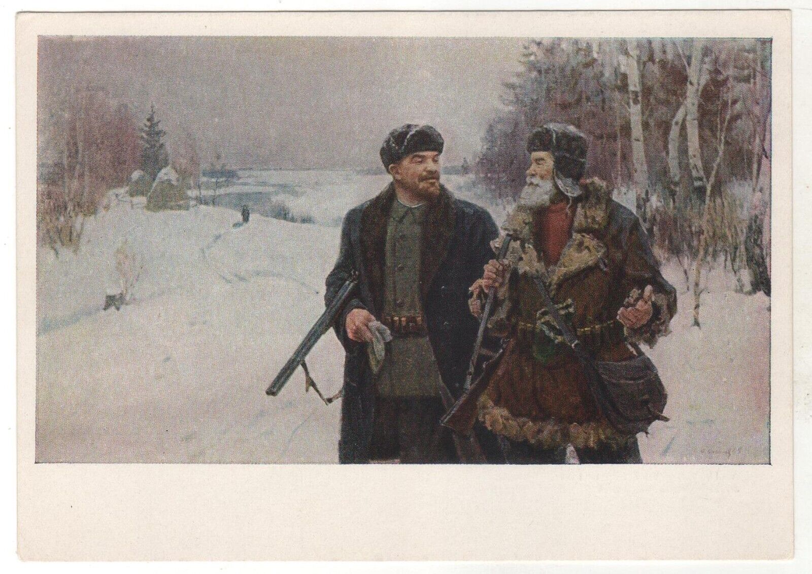 1966 LENIN on the hunt & a man with a gun Hunting ART OLD Russian Postcard USSR