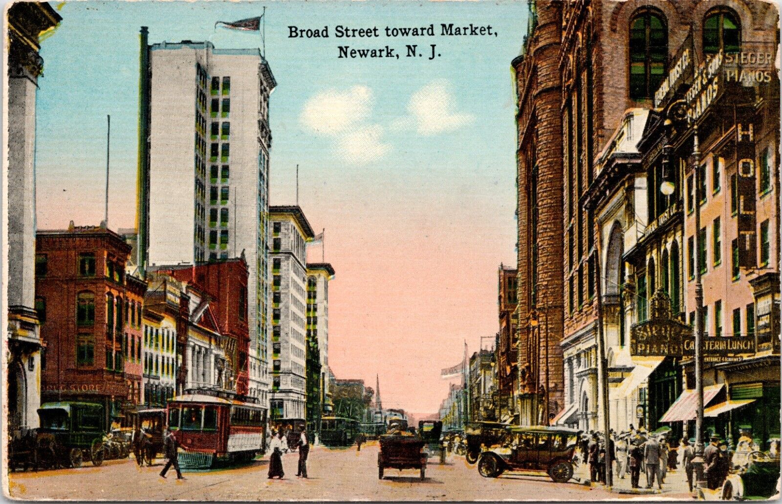 C.1910s Newark NJ Broad Street View Trolley Cars Crowd New Jersey Postcard A124