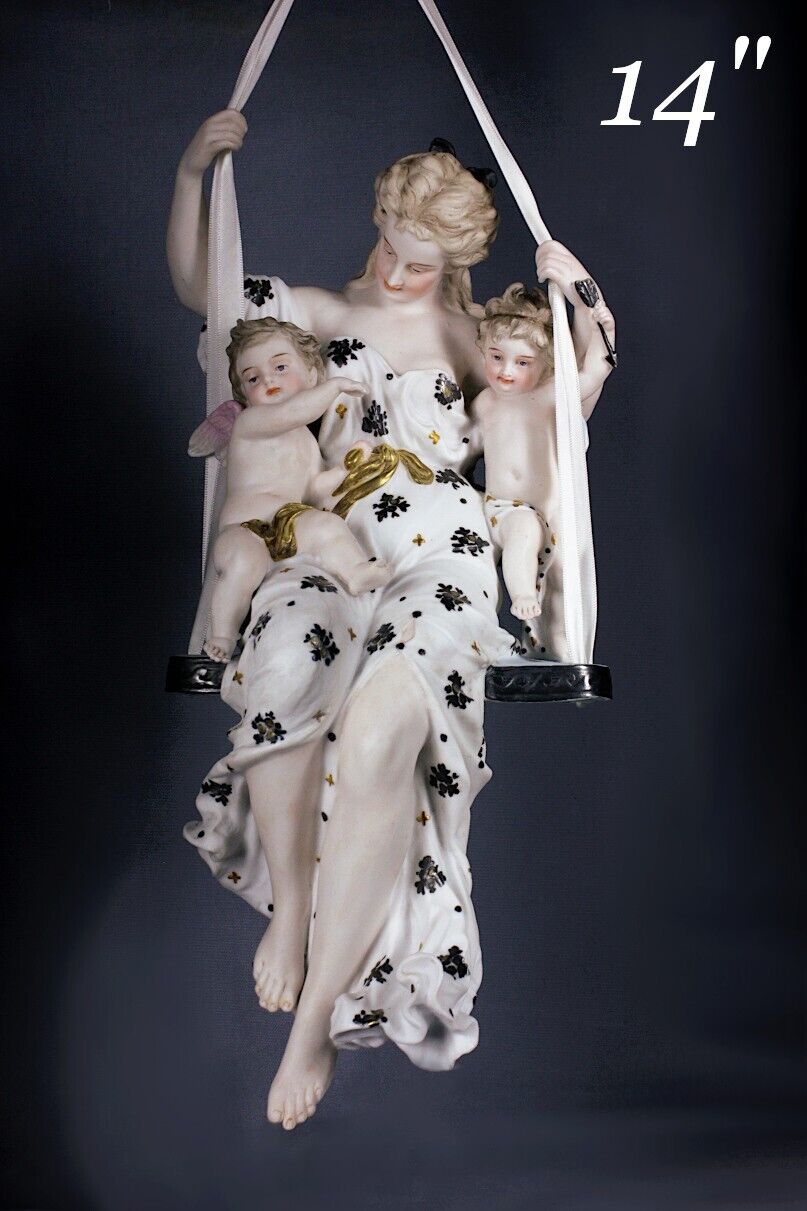 Dresden Heubach style Bisque Porcelain Lady Cupid Cherubs Doll Figurine on Swing