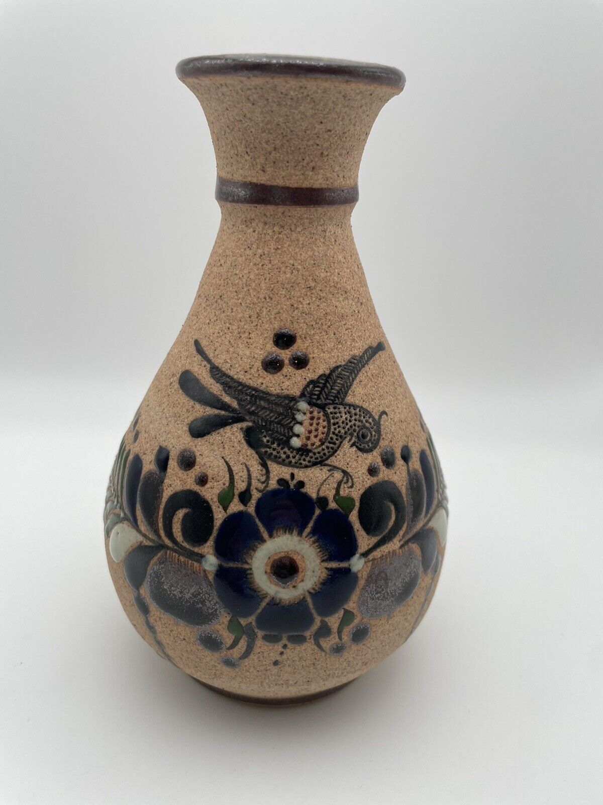 Vintage Tonala Mexican Pottery Vase SAND Texture Hand Painted Floral Bird