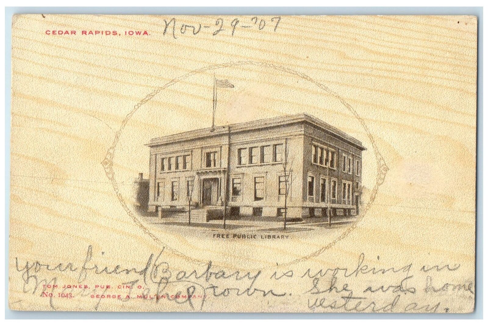 1910 Free Public Library Exterior Roadside Cedar Rapids Iowa IA Posted Postcard