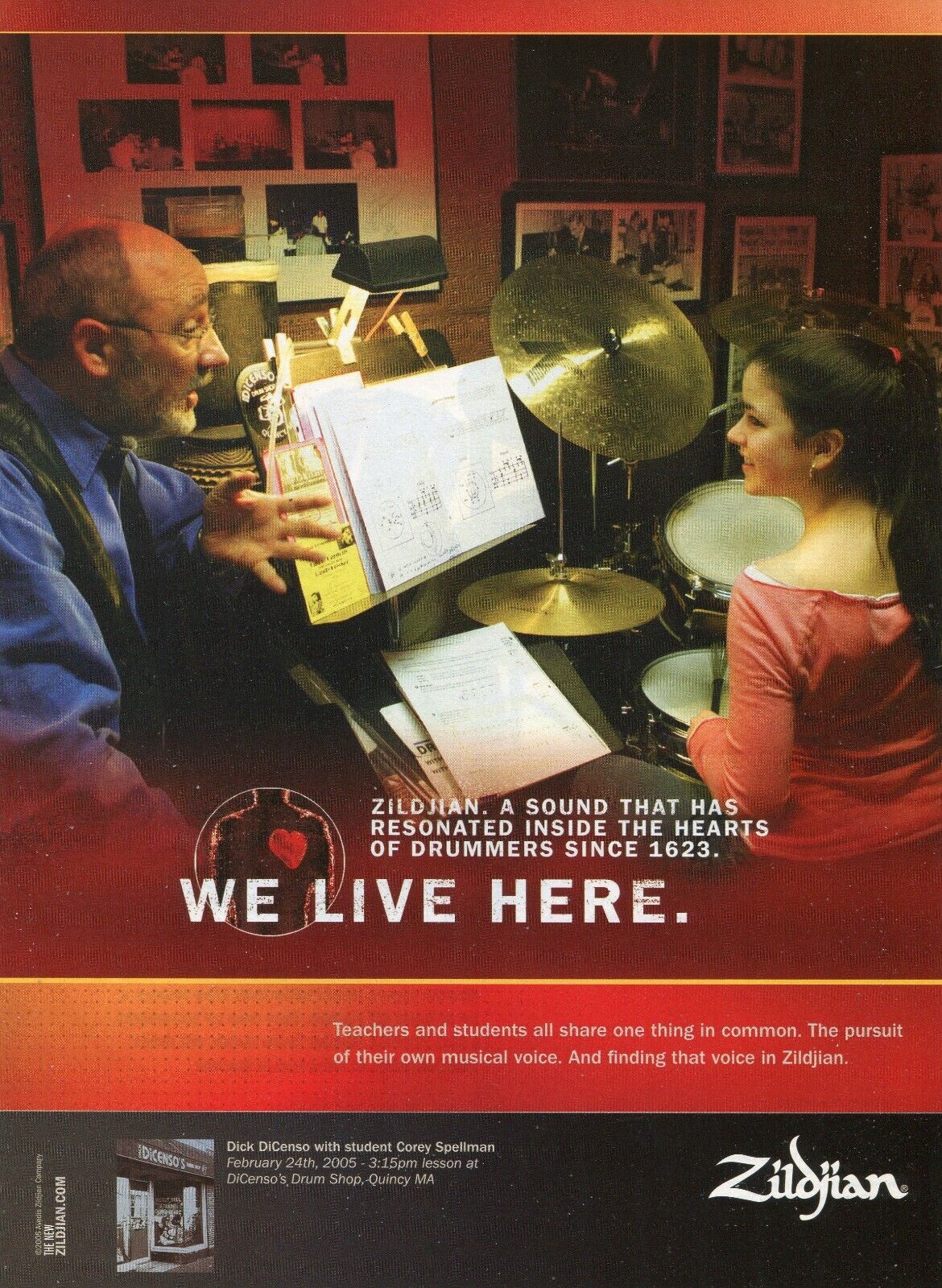 2005 Print Ad of Zildjian Drum Cymbals w Dick DiCenso Drum Shop & Corey Spellman