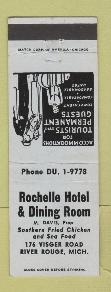Matchbook Cover - Rochelle Hotel Dining Room River Rouge MI