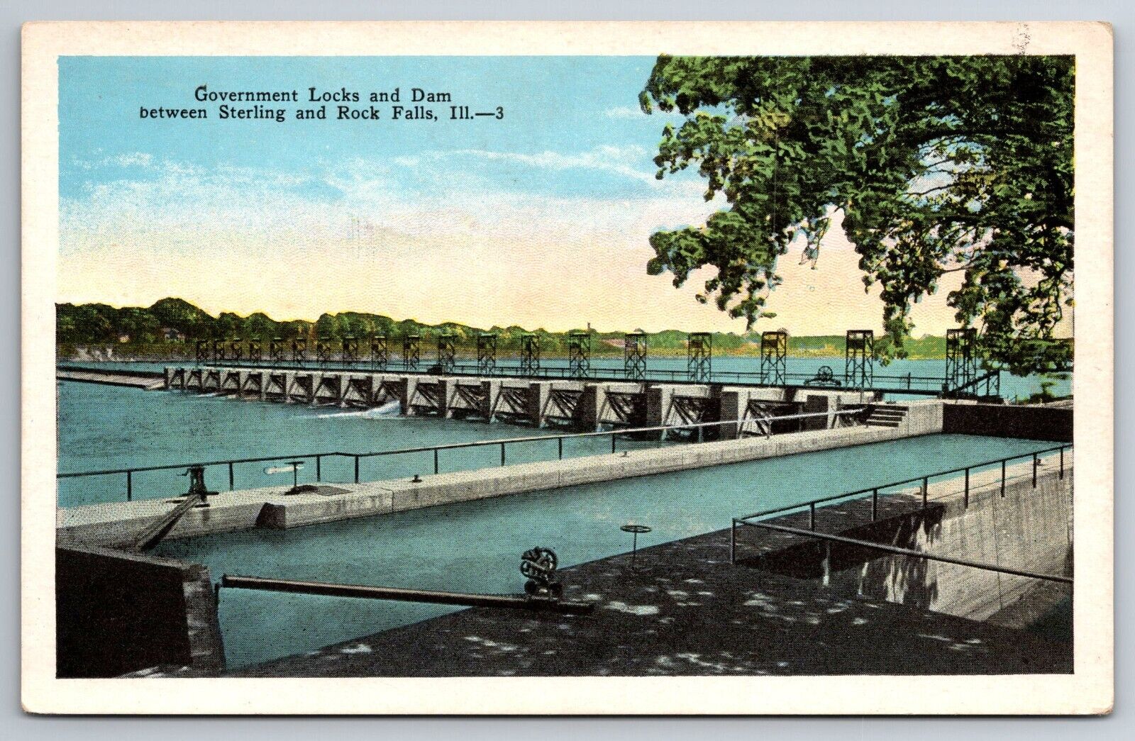 Vintage Postcard IL Rock Falls Locks Dam Sterling White Border ~9297