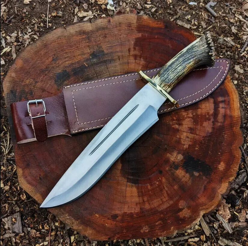 ASS Custom Handmade D2 Steel Hunting Bowie Knife With Stag Horn & Brass Clip