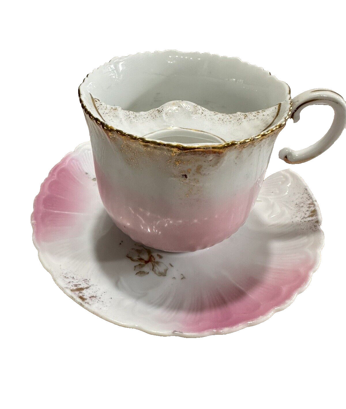 Vintage Limoges Pink Glitter Gold Mustache Cup And Saucer SEE VIDEO
