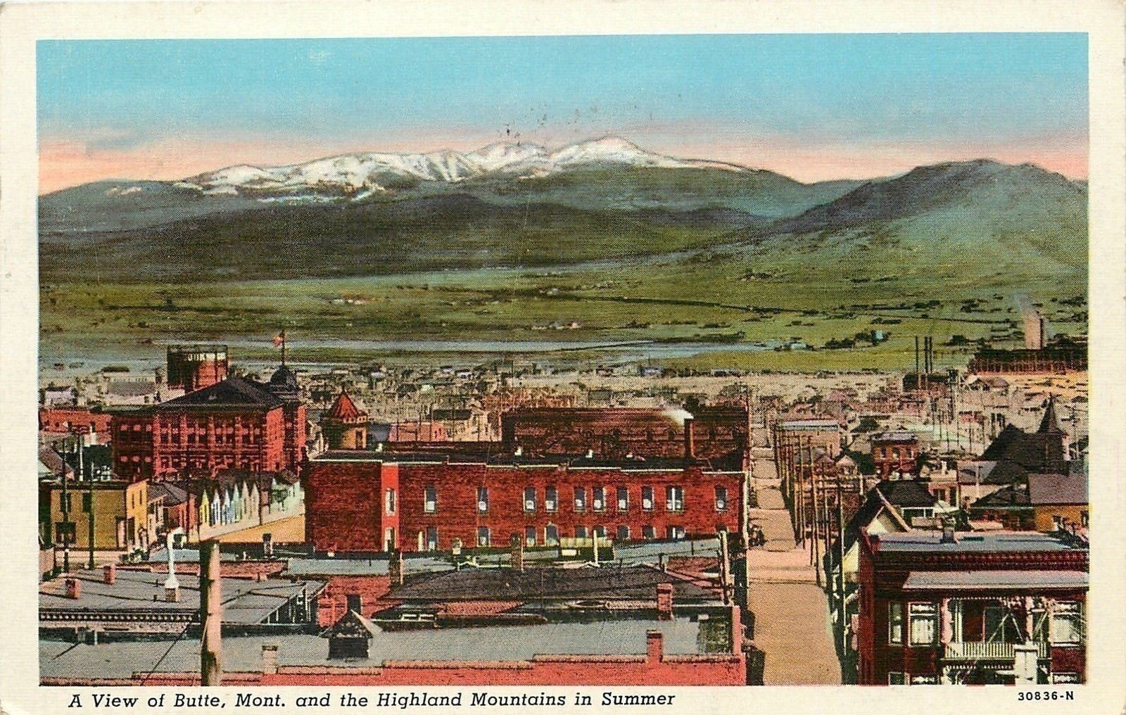 Butte Montana~Downtown Rooftops and Highland Mountains in Summer~1925 Postcard