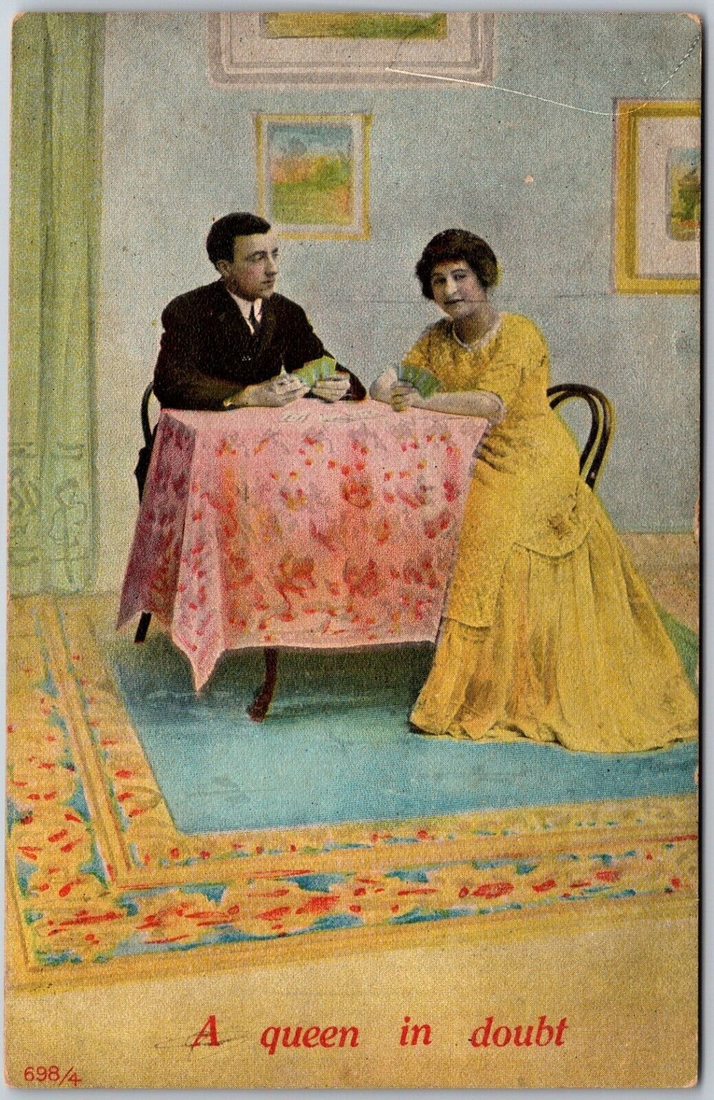 A Queen In Doubt, Couple Sitting at a Table 1911 - Postcard