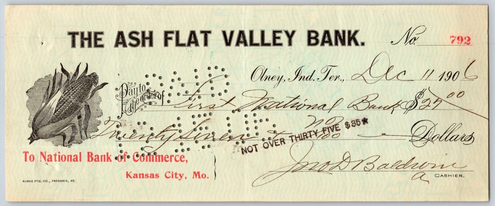 Olney Indian Territory Oklahoma 1906 Ash Flat Valley Bank w/ Corn Cob Vignette