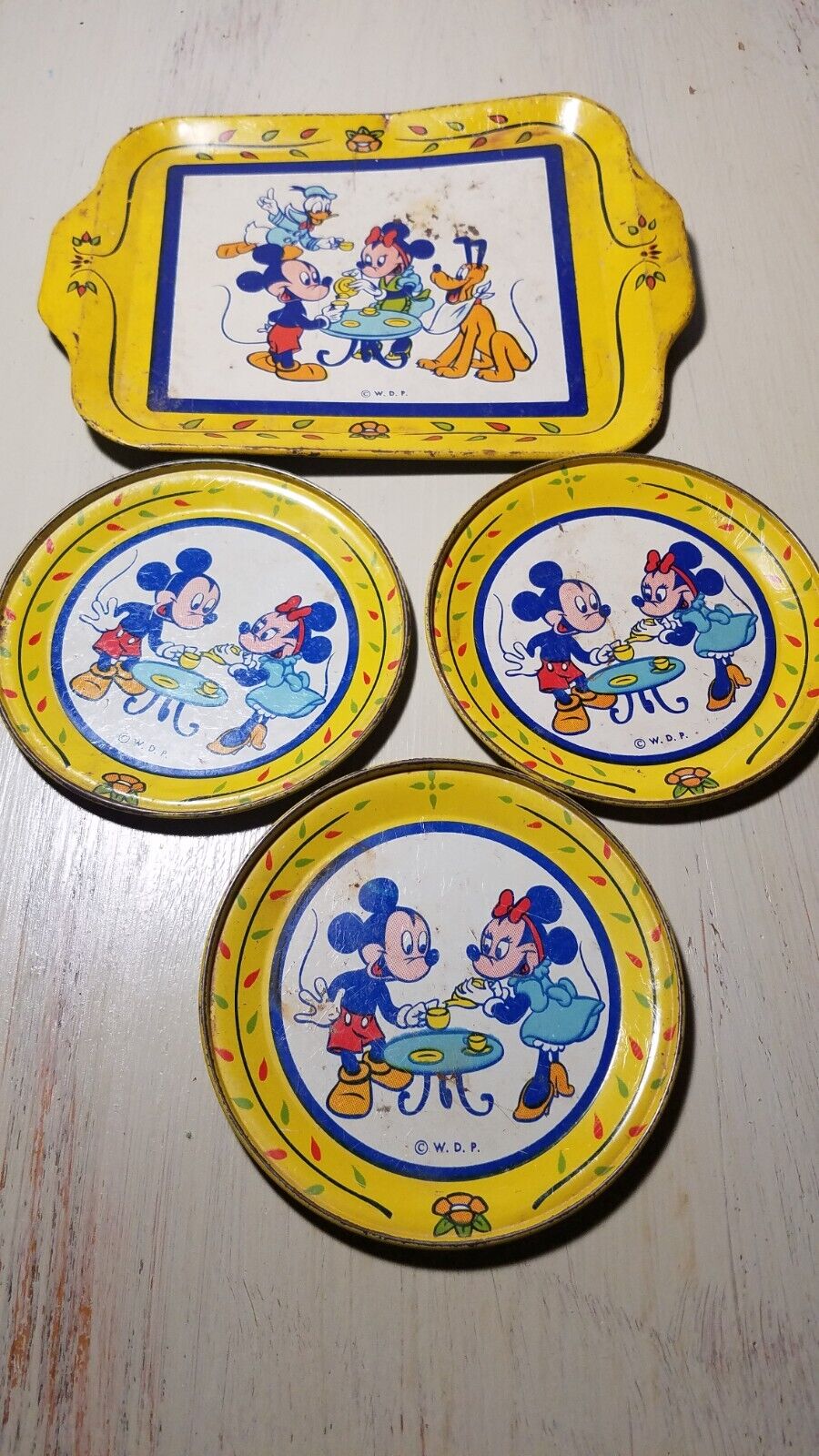 Walt Disney Productions VTG Tin Toy saucers and Tray
