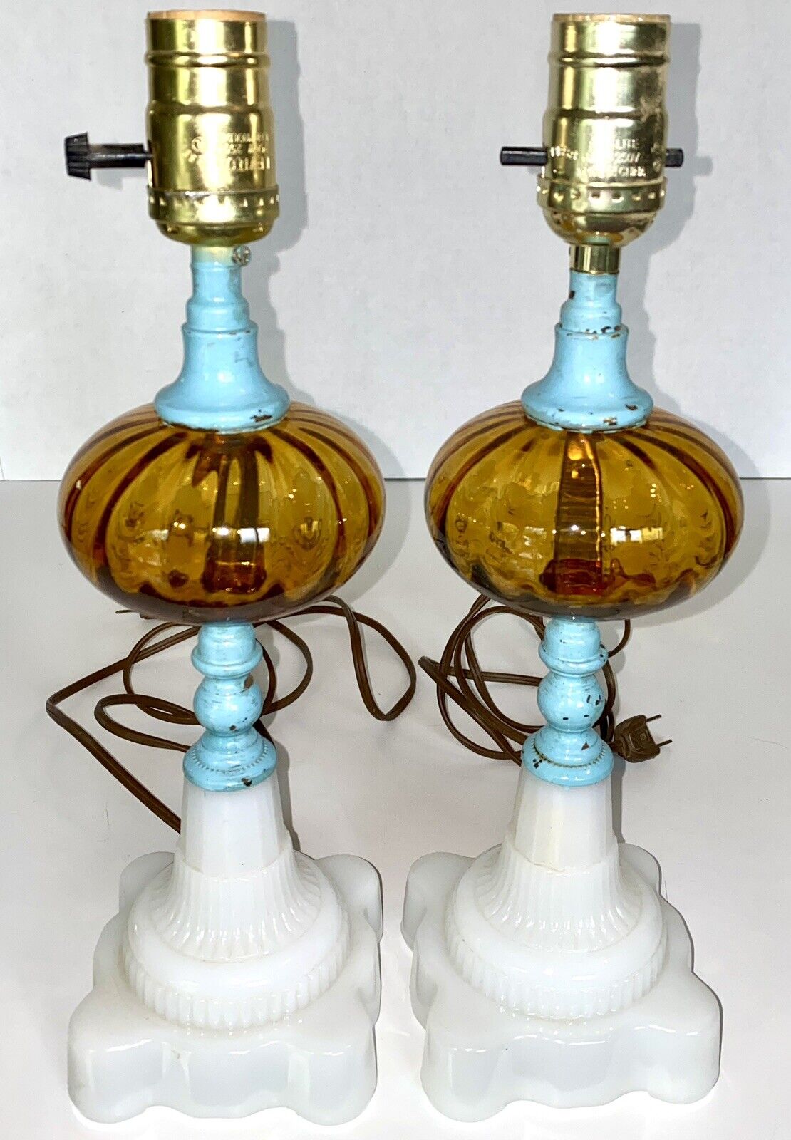 Pair Antique Amber Glass Blue Brass Milk Glass Base Oil Lamp Electric Conversion