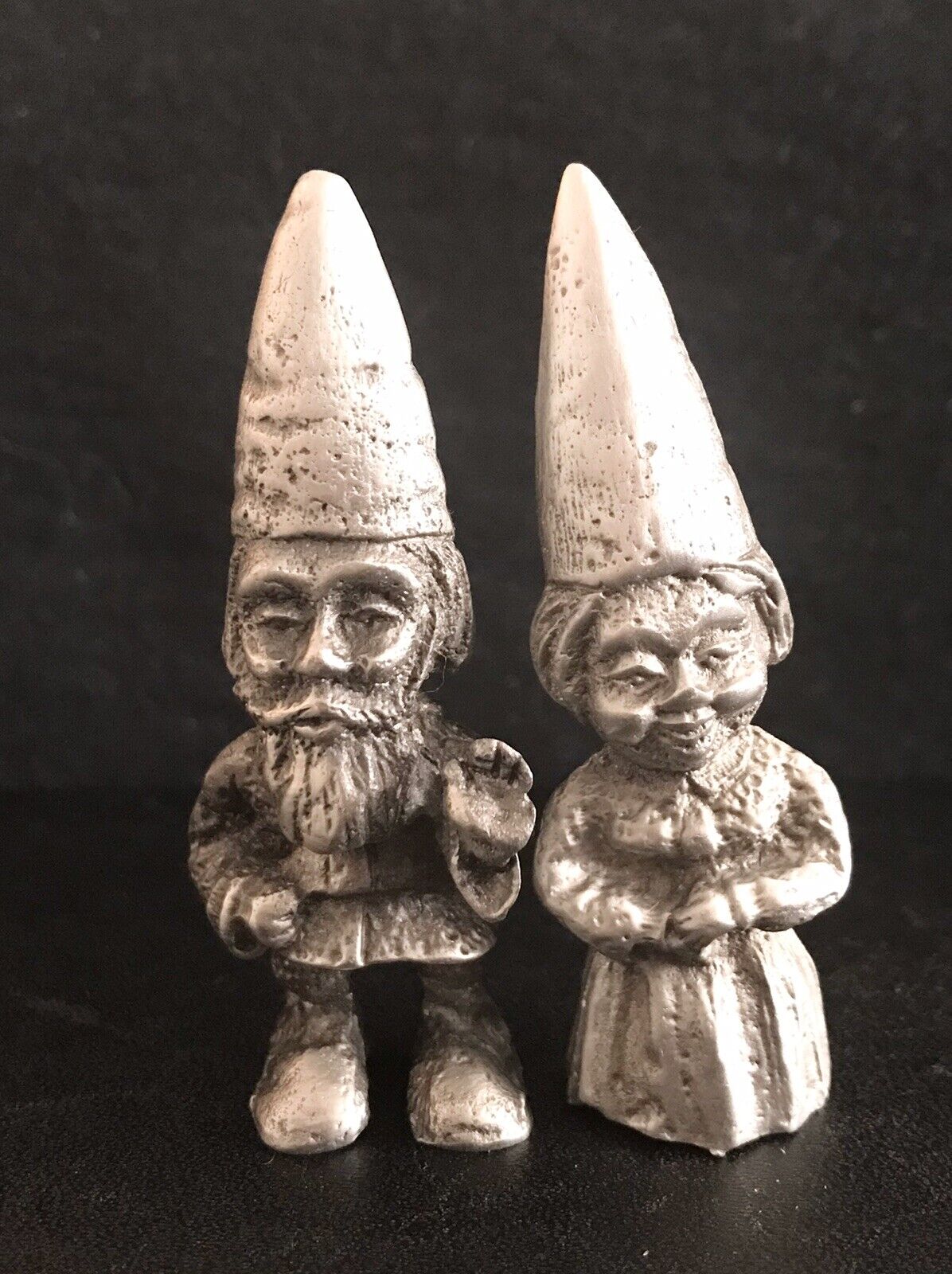 Set Pewter Mr Mrs Garden Gnome Good Luck Elf Hat Silver Metal Statue Figurines D