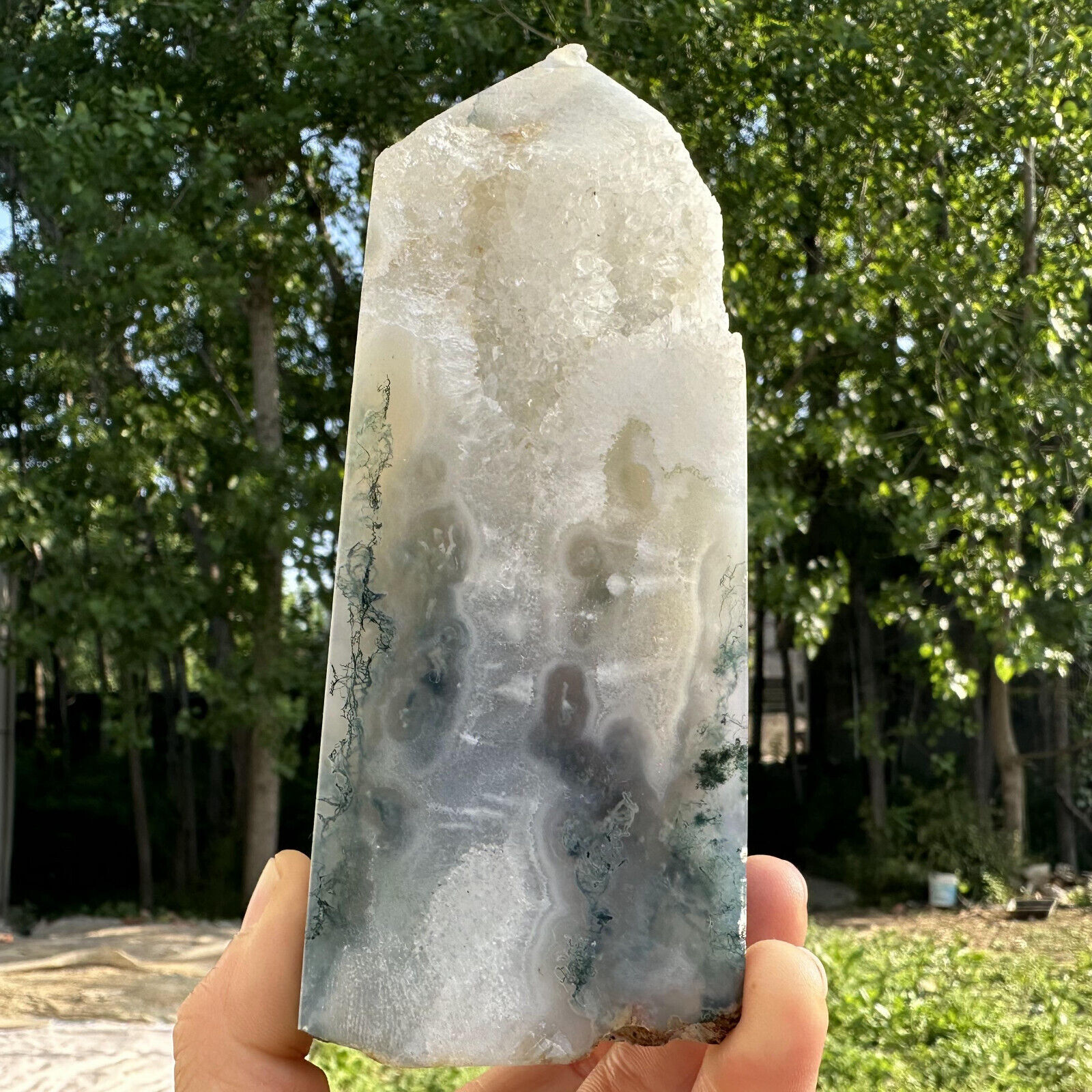 925g Natural moss agate obelisk quartz crystal geode tower point healing gift
